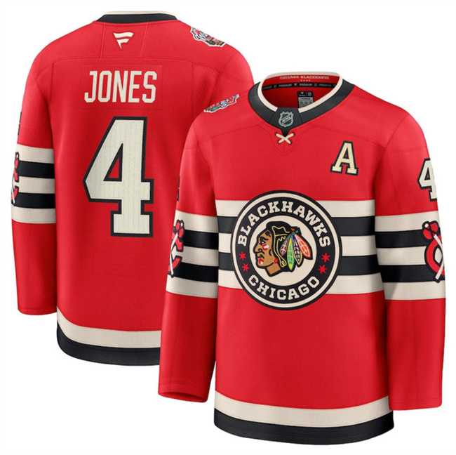 Mens Chicago Blackhawks #4 Seth Jones Red 2024-25 Winter Classic Stitched Hockey Jersey Dzhi